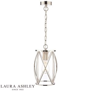Beckworth single light pendant in polished nickel finish with clear glass by Laura Ashley, full height on white background, lit.