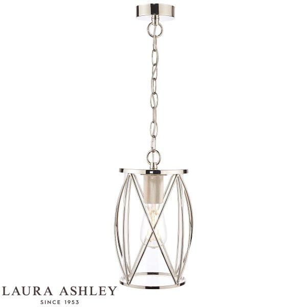 Beckworth single light pendant in polished nickel finish with clear glass by Laura Ashley, full height on white background, lit.