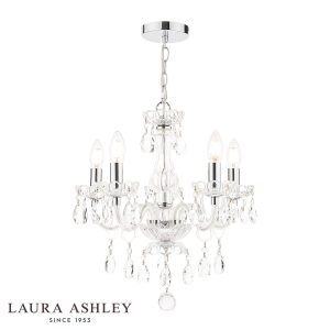 Laura Ashley Harriet 5 light crystal chandelier in polished chrome, on white background, lit.