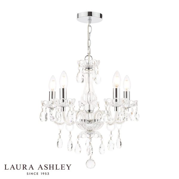 Laura Ashley Harriet 5 light crystal chandelier in polished chrome, on white background, lit.