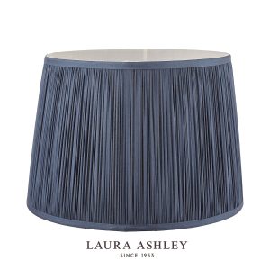 Laura Ashley Hemsley 12-inch diameter pleated blue silk drum shade, unlit on white background.