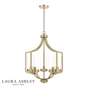 The Laura Ashley Joseph 5 light chandelier in antique brass with glass shades, on white background, lit.