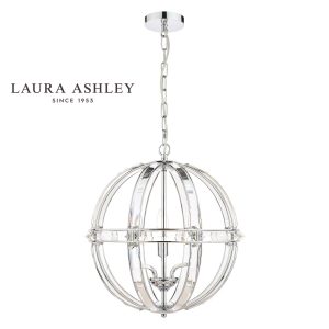 Aidan 3 light globe chandelier in polished chrome and glass by Laura Ashley on white background, with logo.