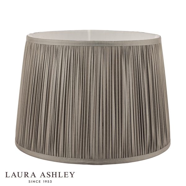 Laura Ashley Hemsley 10-inch diameter pleated grey silk drum shade, unlit on white background.
