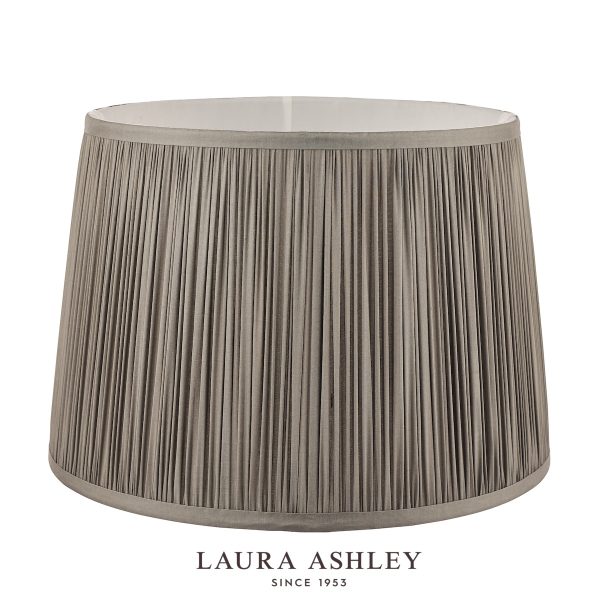 Laura Ashley Hemsley 12-inch diameter pleated grey silk drum shade on white background.