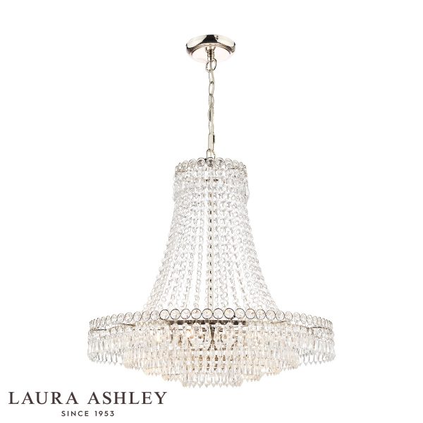 Laura Ashley Enid grand 5 light crystal chandelier in polished nickel, full height on white background, lit.