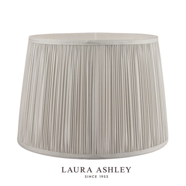 Laura Ashley Hemsley 12-inch diameter pleated silver silk drum shade on white background, unlit.