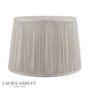 Laura Ashley Hemsley 8-inch diameter pleated silver silk drum shade, on white background, unlit.
