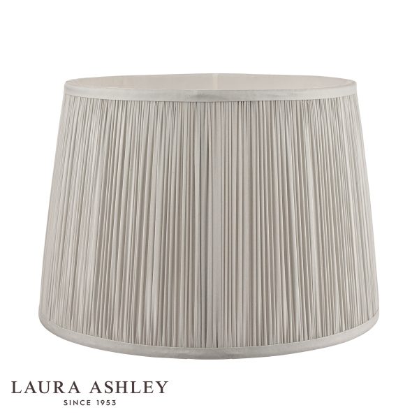 Laura Ashley Hemsley 8-inch diameter pleated silver silk drum shade, on white background, unlit.