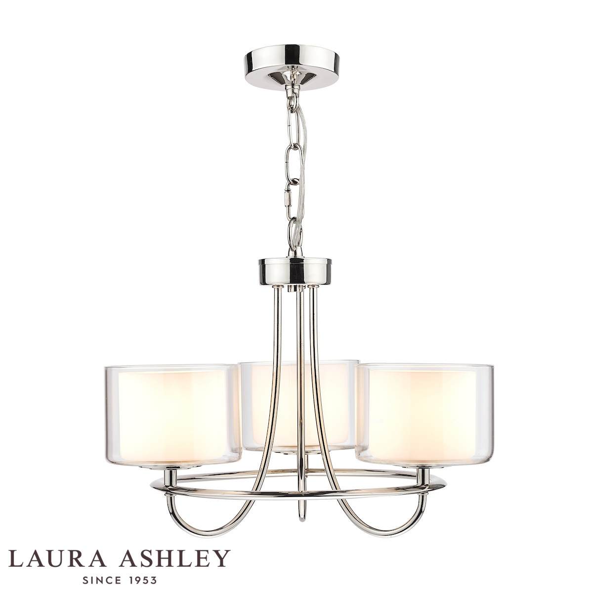 Southwell 3 light chandelier in polished nickel with glass shades by Laura Ashley, on white background, lit.