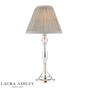 Laura Ashley Ellis table lamp in polished chrome with grey shade on white background.
