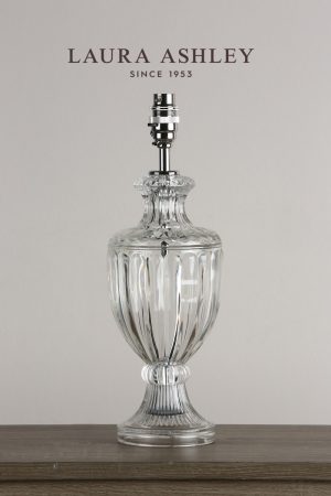 Laura Ashley Meredith small cut crystal table lamp, shown without shade on sideboard.