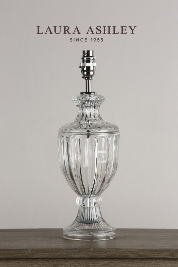 Laura Ashley Meredith small cut crystal table lamp, shown without shade on sideboard.