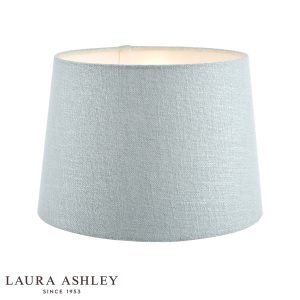 Laura Ashley Bacall 30cm duck egg blue linen shade, on white background, lit.