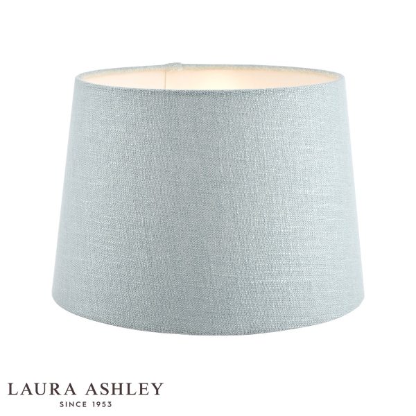 Laura Ashley Bacall 30cm duck egg blue linen shade, on white background, lit.