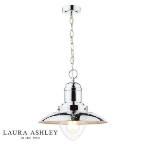 Laura Ashley Corbridge pendant lantern in polished chrome on white background, with logo.
