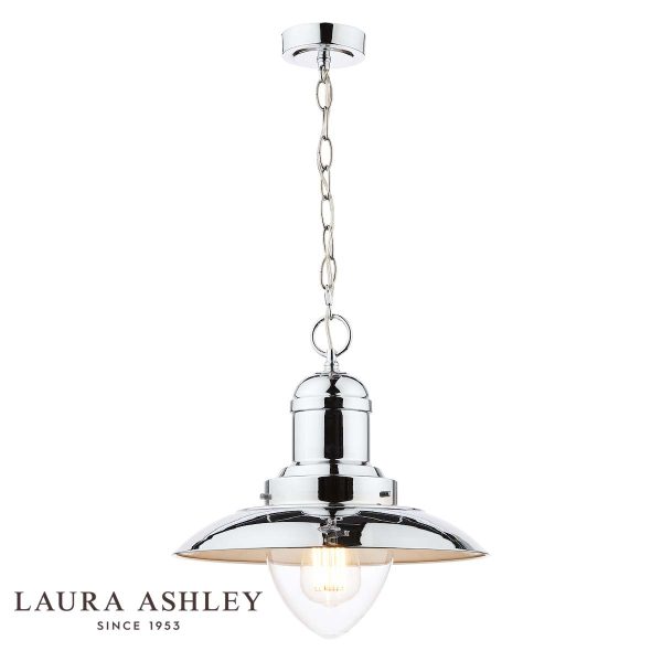 Laura Ashley Corbridge pendant lantern in polished chrome on white background, with logo.