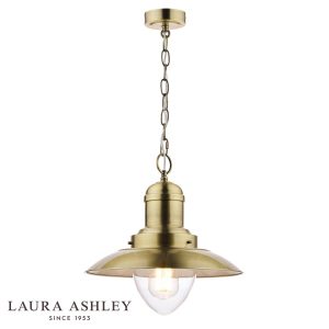 Laura Ashley Corbridge pendant lantern in antique brass on white background, with logo.