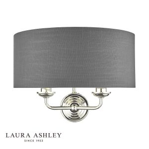 Sorrento 2 light wall light in polished nickel finish with grey linen shade on white background.