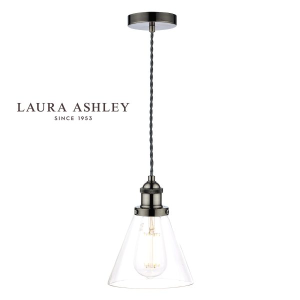 Laura Ashley Isaac single light pendant in satin nickel, full height on white background, lit.