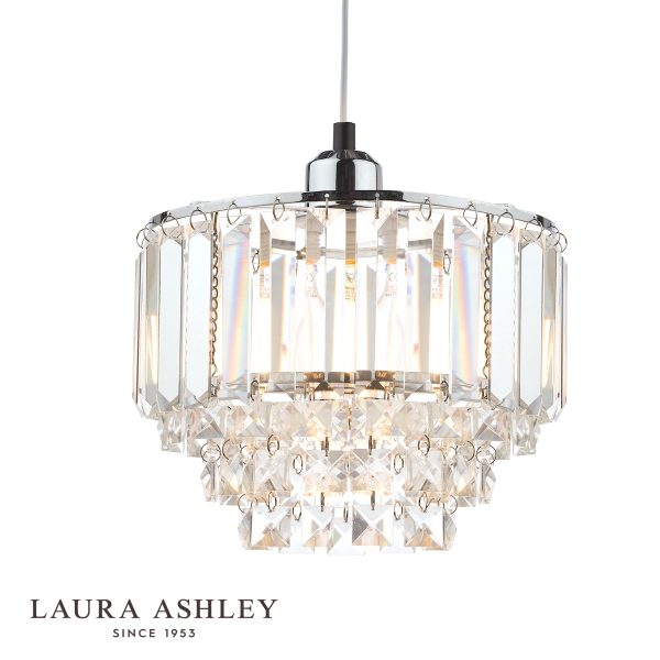 Laura Ashley Vienna crystal easy fit pendant shade in polished chrome, shown lit on white background.