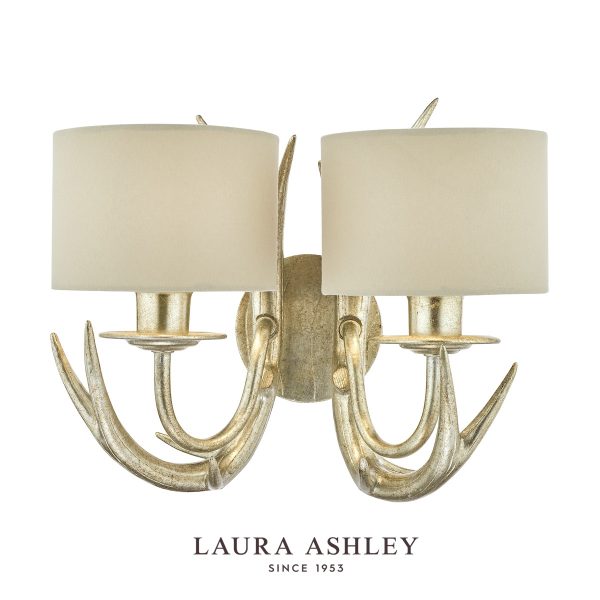 Laura Ashley Mulroy 2 light antler wall light in champagne on white background.