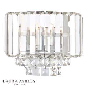 Laura Ashley Vienna crystal wall light in polished chrome on white background, lit.