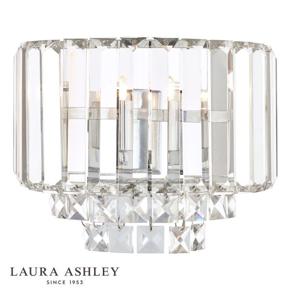 Laura Ashley Vienna crystal wall light in polished chrome on white background, lit.
