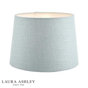 Laura Ashley Bacall 25cm duck egg blue linen shade on white background, lit.