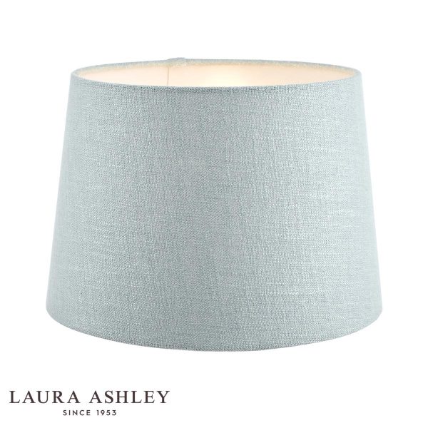 Laura Ashley Bacall 25cm duck egg blue linen shade on white background, lit.
