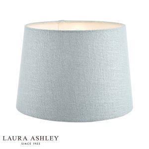Laura Ashley Bacall 35cm duck egg blue linen shade, on white background, lit.
