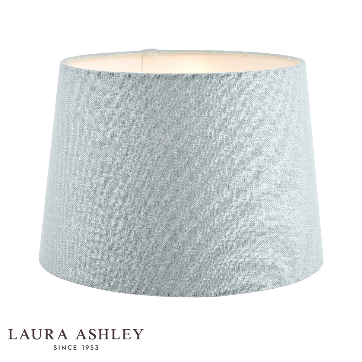 Laura Ashley Bacall 40cm duck egg blue linen shade, on white background, lit.