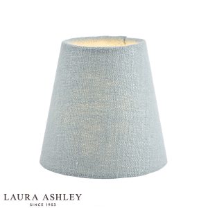 Laura Ashley Bacall 5 inch duck egg blue linen clip on shade, on white background, lit.