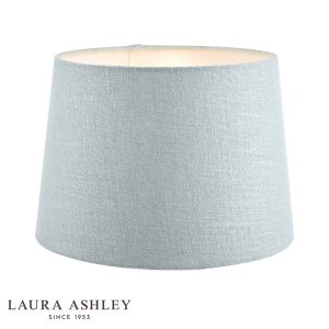 Laura Ashley Bacall 20cm duck egg blue linen shade, on white background, lit.