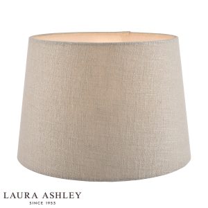 Laura Ashley Bacall 25cm silver linen drum shade, on white background, lit.