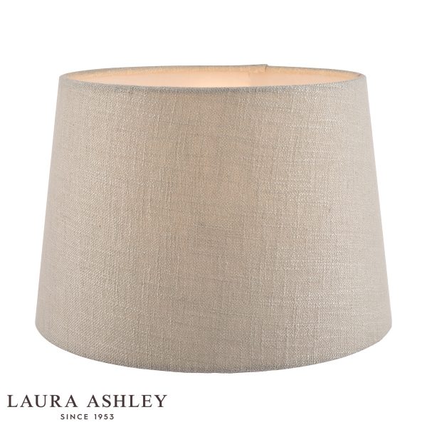 Laura Ashley Bacall 25cm silver linen drum shade, on white background, lit.