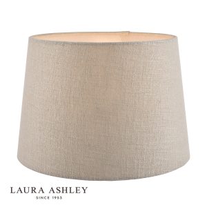 Laura Ashley Bacall 30cm silver linen drum shade, on white background, lit.