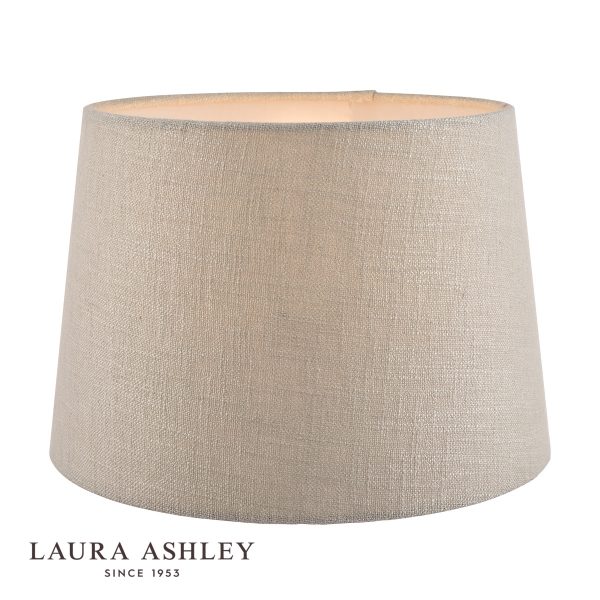 Laura Ashley Bacall 30cm silver linen drum shade, on white background, lit.