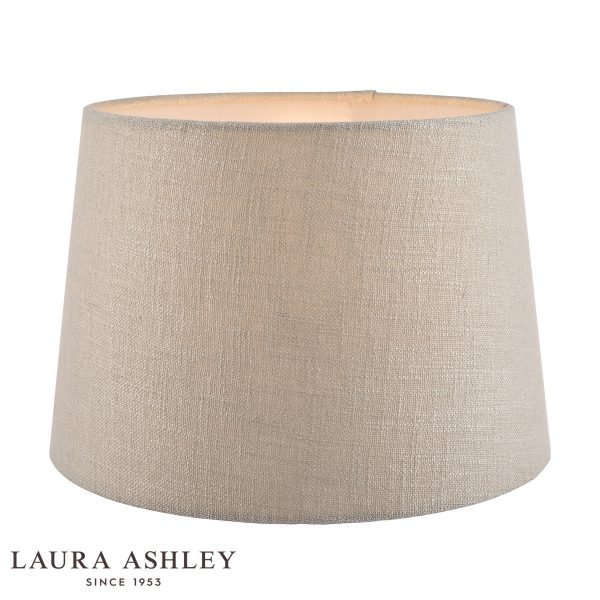 Laura Ashley Bacall 40cm silver linen drum shade, on white background, lit.