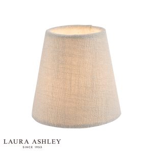 Laura Ashley Bacall 5 inch silver linen clip on lamp shade, on white background, lit.