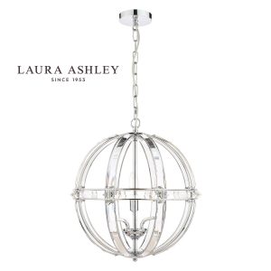 Aidan 5 light globe chandelier in polished chrome and glass by Laura Ashley on white background, with logo.