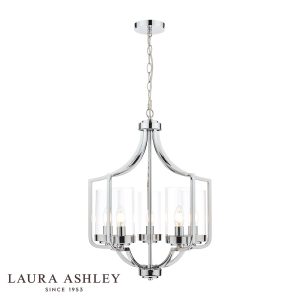 The Laura Ashley Joseph 5 light chandelier in polished chrome with glass shades, on white background, lit.