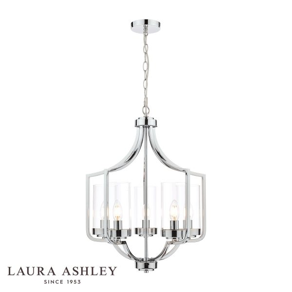 The Laura Ashley Joseph 5 light chandelier in polished chrome with glass shades, on white background, lit.