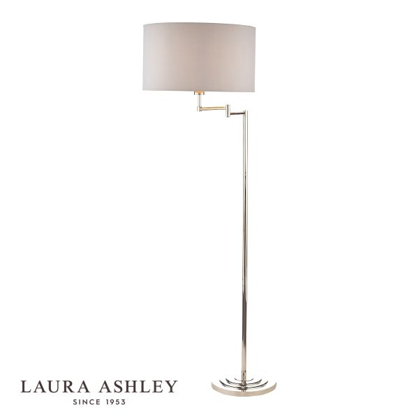 Laura Ashley Marlowe swing arm floor lamp in polished nickel, shown extended on white background, lit.