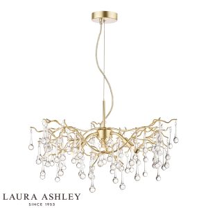 Willow 3 light pendant in satin champagne finish with crystal drops by Laura Ashley, full height on white background, lit.