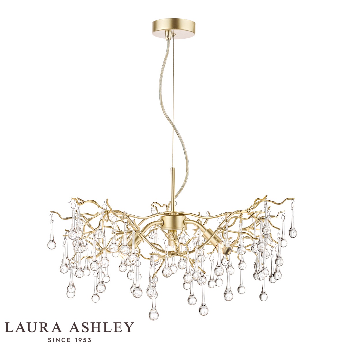 Willow 3 light pendant in satin champagne finish with crystal drops by Laura Ashley, full height on white background, lit.