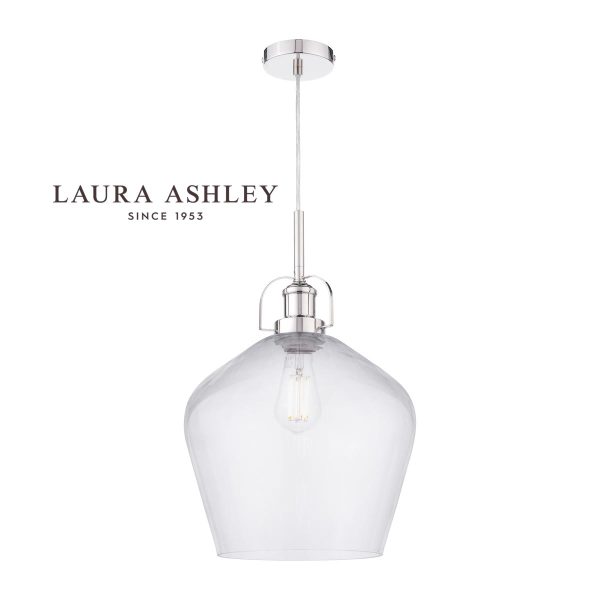 Rye smoked glass pendant light in polished nickel by Laura Ashley, full height on white background.