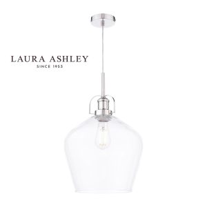 Rye clear glass pendant light in polished nickel by Laura Ashley, full height on white background.