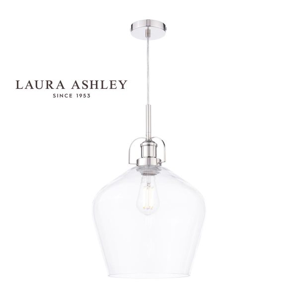 Rye clear glass pendant light in polished nickel by Laura Ashley, full height on white background.
