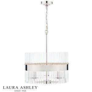 Alexa 3 light pendant in polished nickel with clear glass rods by Laura Ashley, with logo on white background.